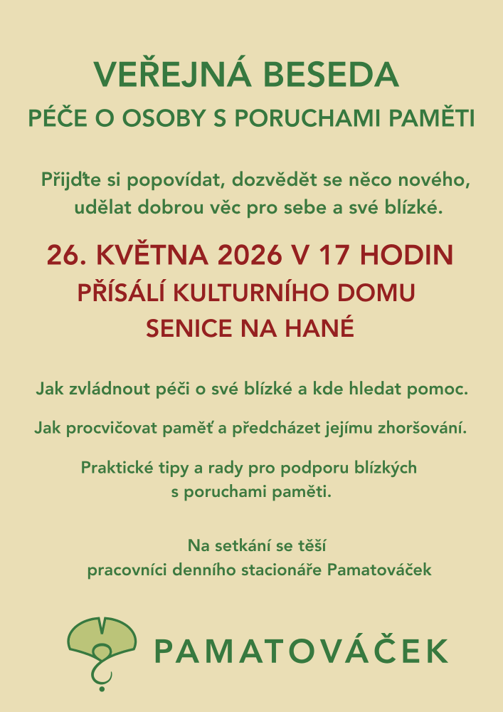 Pozvánka na veřejnou besedu 26.5.2026 v Senici na Hané na téma prevence demence a péče o osoby s poruchami paměti