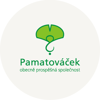 pamatováček, logo s motivem stylizovaného listu gingko biloba, text Pamatováček, obecně prospěšná společnost