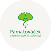 pamatováček, logo s motivem stylizovaného listu gingko biloba, text Pamatováček, obecně prospěšná společnost